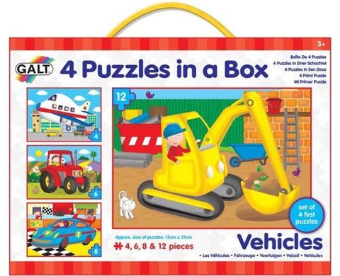 4 puzzle v krabici - Dopravní prostředky, Farma, Dinosauři, Víly