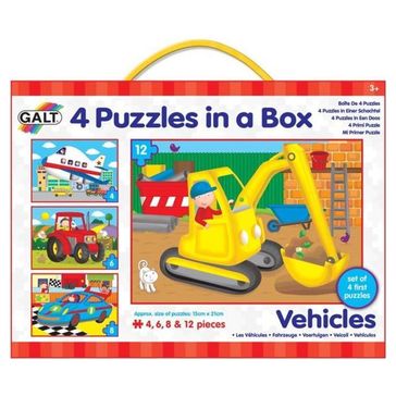 4 puzzle v krabici - Dopravní prostředky, Farma, Dinosauři, Víly